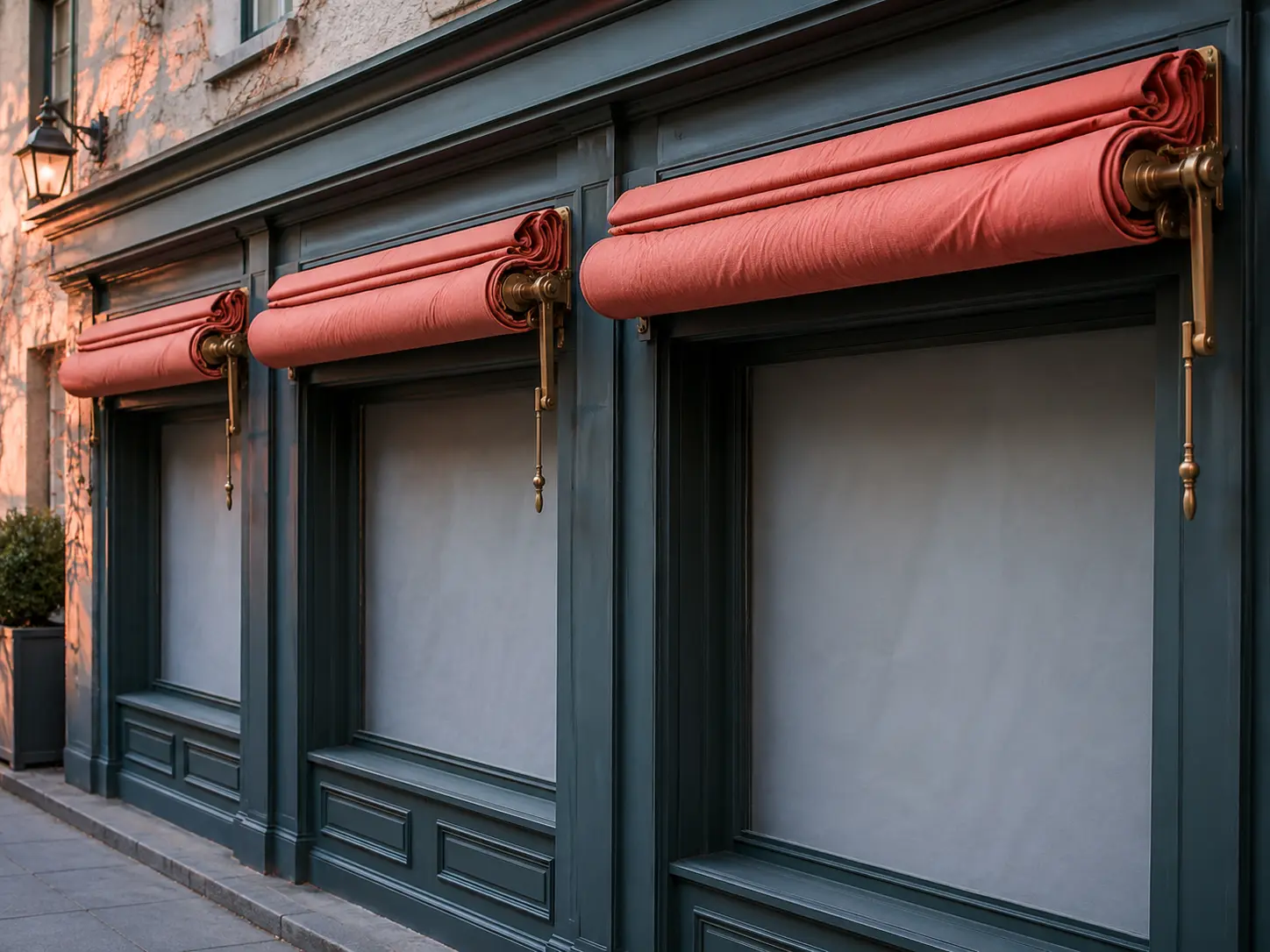 Three coral canvas awnings still furled above a dark teal storefront