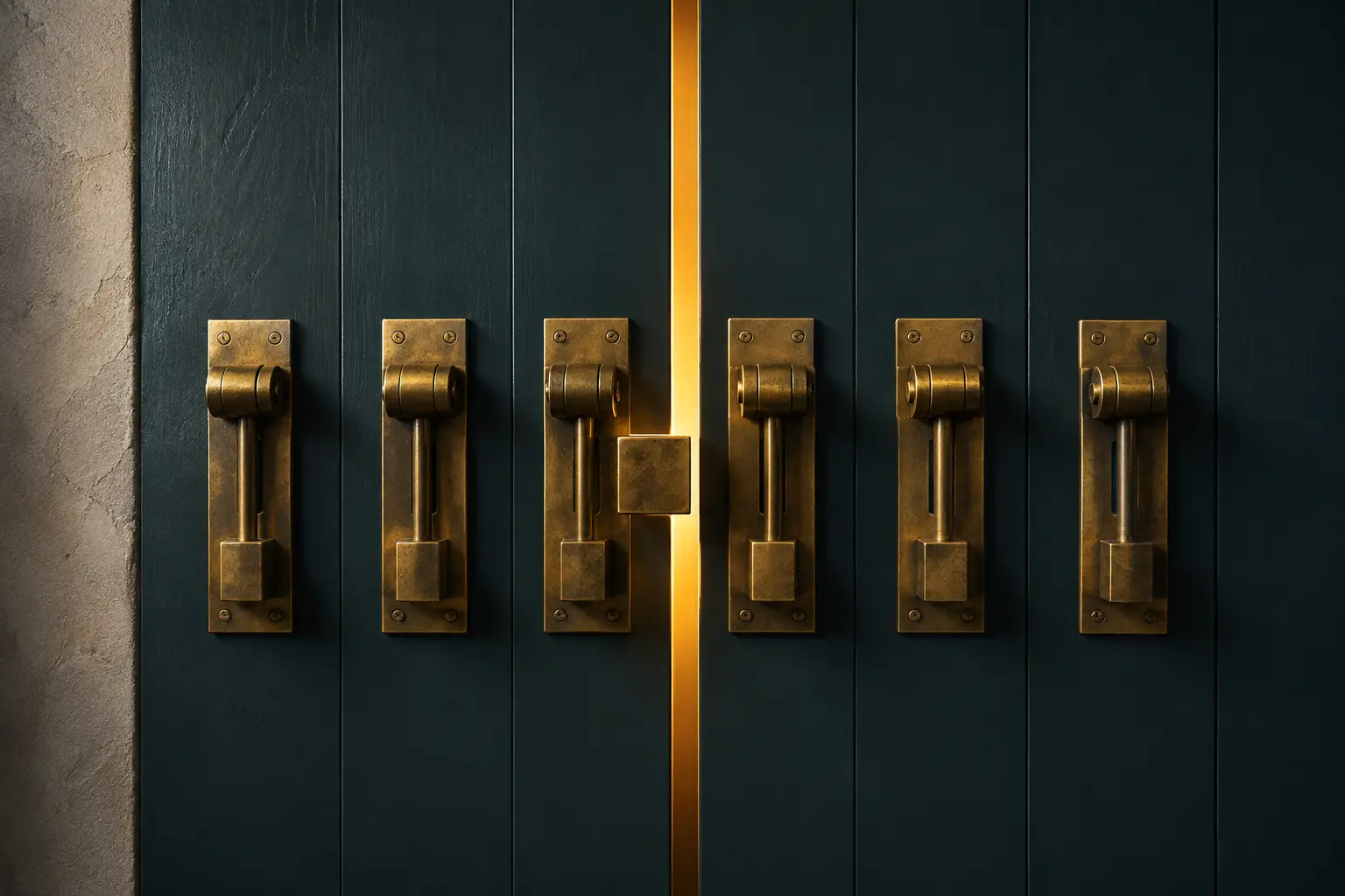 Five brass door bolts on dark teal panels with one mechanism shifted halfway open beside amber light