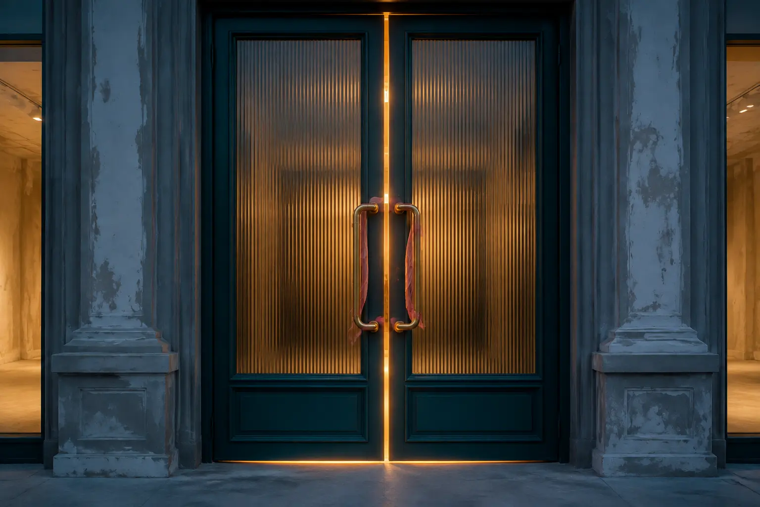 Closed dark teal glass doors outlined by a thin line of warm amber light